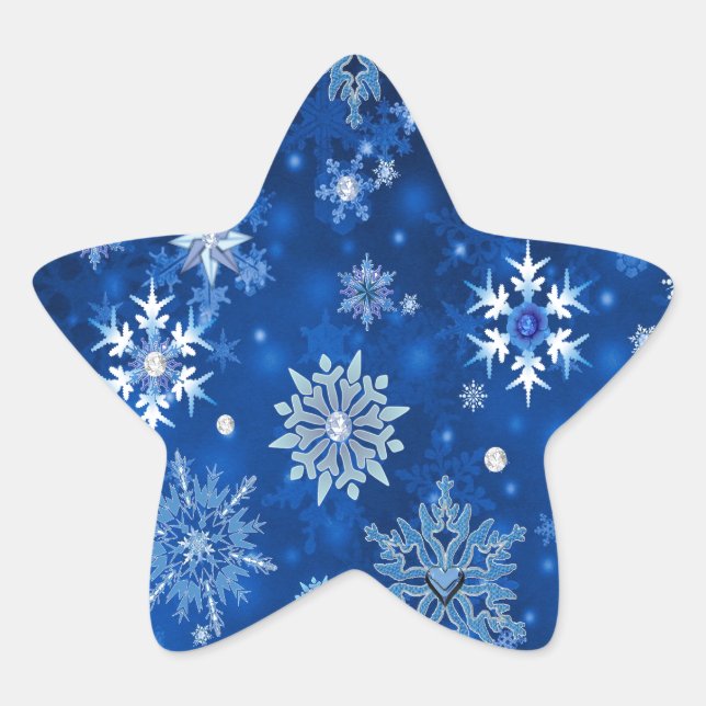 Pegatina En Forma De Estrella Navidades Copos de nieve azules y plateados (Anverso)