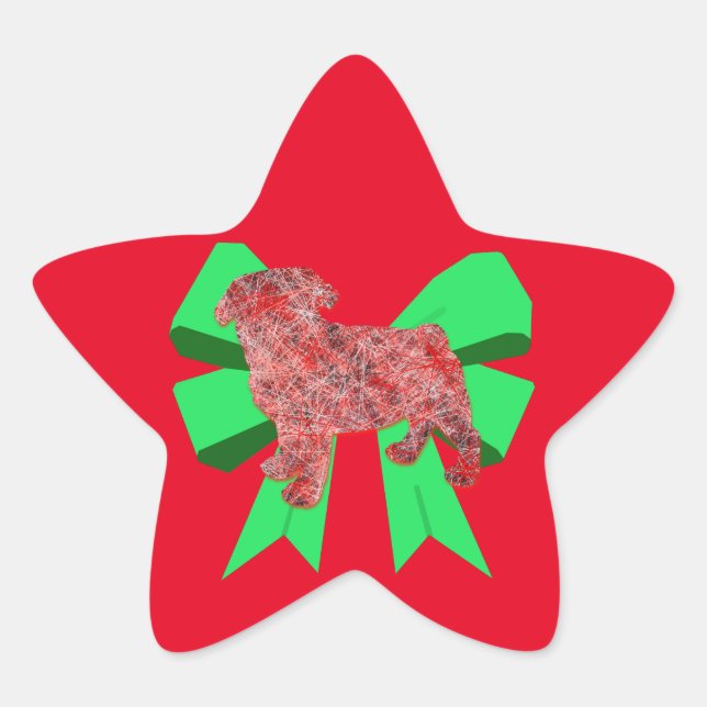 Pegatina En Forma De Estrella Navidades de Pug Dog Silhouette Green Bow (Anverso)