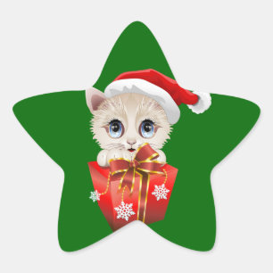Pegatina En Forma De Estrella Navidades gatitos Santa con regalo