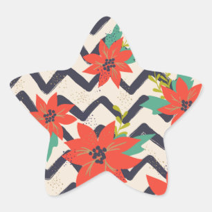 Pegatina En Forma De Estrella Navidades Red Poinsettia Chevron Blanco y Negro