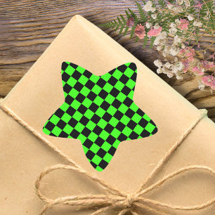 Pegatina En Forma De Estrella Neon Green Black Checkered Checkerboard Vintage