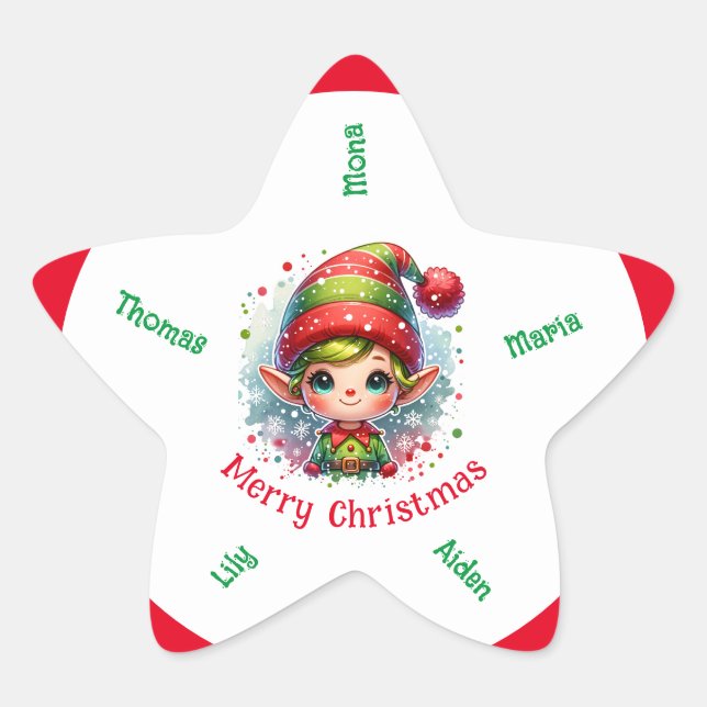 Pegatina En Forma De Estrella Nombre personalizado de Elf de Navidades de clase (Anverso)