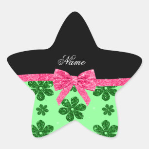 Pegatina En Forma De Estrella Nombre personalizado purpurina verde claro flores 