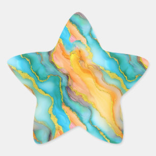 Pegatina En Forma De Estrella Olas de océano en patrón de teal y naranja-amarill