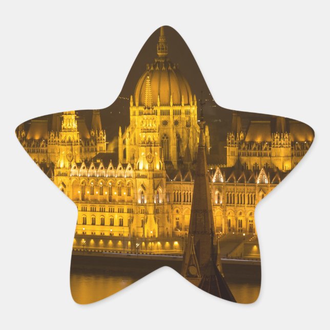 Pegatina En Forma De Estrella Parlamento húngaro Budapest por noche (Anverso)
