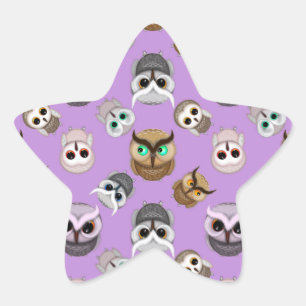 Pegatina En Forma De Estrella Patrón de Ilustracion de búho en fondo morado