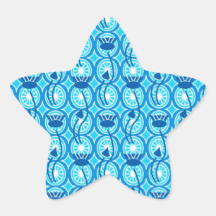 Pegatina En Forma De Estrella patrón de loto egipcio, cobalto y turquesa