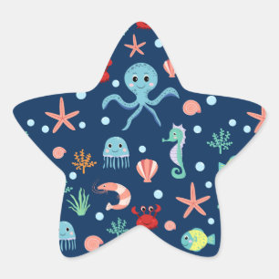 Pegatina En Forma De Estrella Patrón de vida marina del océano lindo