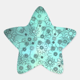 Pegatina En Forma De Estrella Patrón floral azul verdoso lindo