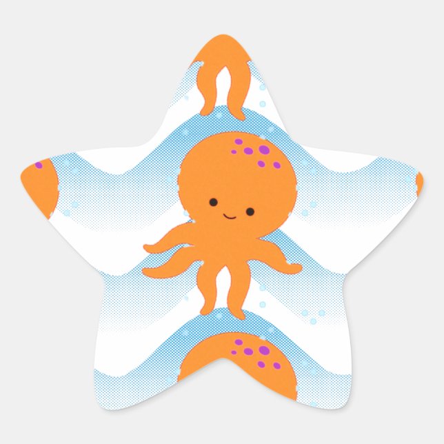 Pegatina En Forma De Estrella Patrón Octopus Y Ondas Azules naranjas (Anverso)