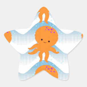 Pegatina En Forma De Estrella Patrón Octopus Y Ondas Azules naranjas