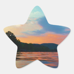 Pegatina En Forma De Estrella Peach and Blue Sunset en el lago montañoso