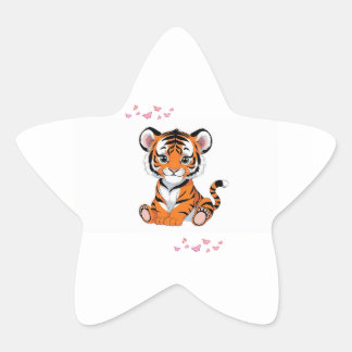 Pegatina En Forma De Estrella Pegatina🐯Bebé Tigre Arte con Mariposas Rosas -