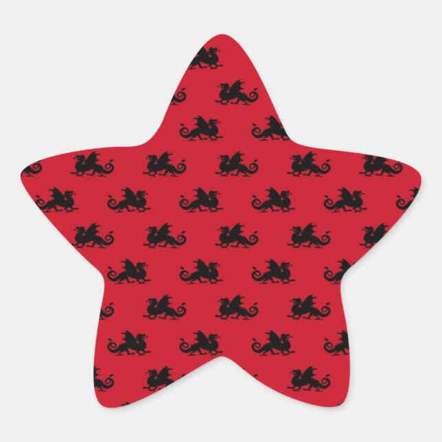 Pegatina En Forma De Estrella Pequeños dragones sobre fondo rojo (Anverso)