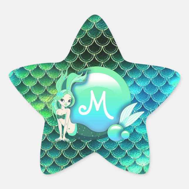 Pegatina En Forma De Estrella Perlas y escalas de sirena Monograma Green ID600 (Anverso)