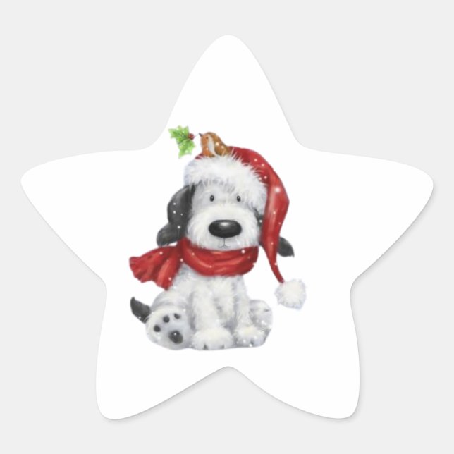 Pegatina En Forma De Estrella Perro de Navidades con Santa Hat y Scarf (Anverso)