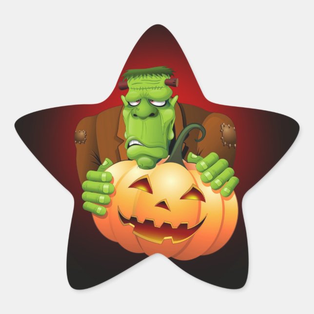 Pegatina En Forma De Estrella Personalizado Frankenstein con Calabaza (Anverso)