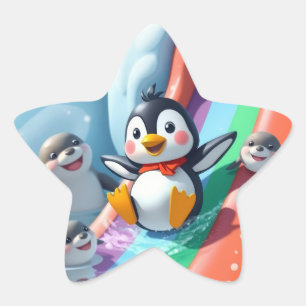 Pegatina En Forma De Estrella Pingüino juega en un tobogán