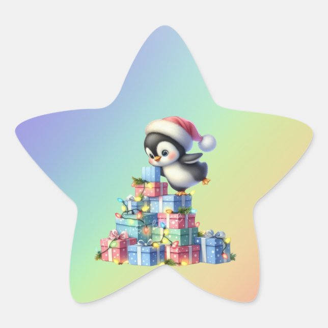 Pegatina En Forma De Estrella Pingüino Navidad con regalo y tarjeta de luz (Anverso)