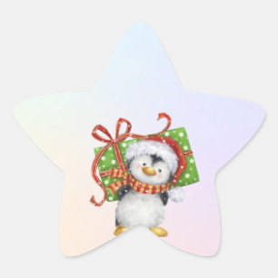 Pegatina En Forma De Estrella Pingüino Navidad festivo con regalo - Deco festivo