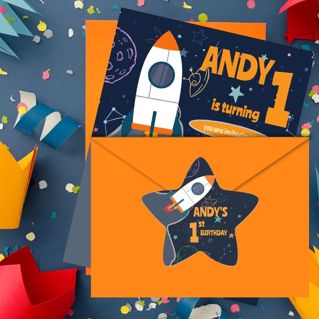 Pegatina En Forma De Estrella Primer partido de cumpleaños del espacio ultraterr (Gender Neutral Outer Space First Birthday Party Star Sticker)