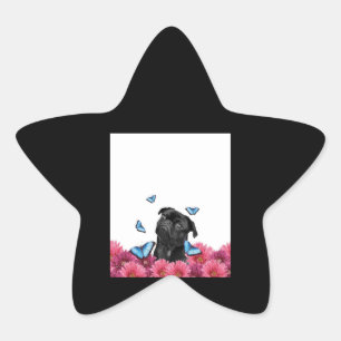 Pegatina En Forma De Estrella Pug Negro Con Mariposas Azules Y Gerberas