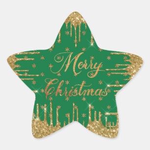 Pegatina En Forma De Estrella Purpurina verde y dorado - feliz navidad
