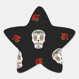Pegatina En Forma De Estrella RAB Rockabilly Sugar Skulls Rosas en negro