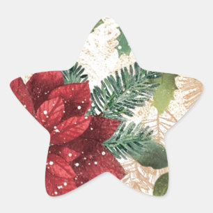Pegatina En Forma De Estrella Retro 50s Flor de Nochebuena Rojo Verde Crema