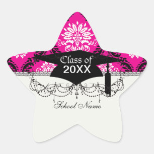 Pegatina En Forma De Estrella rosa caliente negro blanco damasco ornamentado