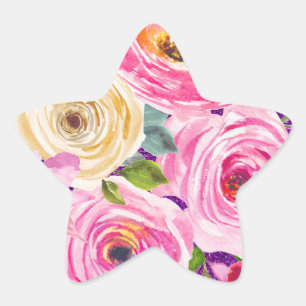 Pegatina En Forma De Estrella Rosas acuarela en rosa y crema Purpurina morada