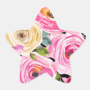 Pegatina En Forma De Estrella Rosas acuarelas en rosa y crema en negro