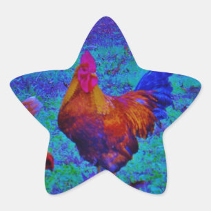 Pegatina En Forma De Estrella Rostro y gallinas arcoiris, azul eléctrico