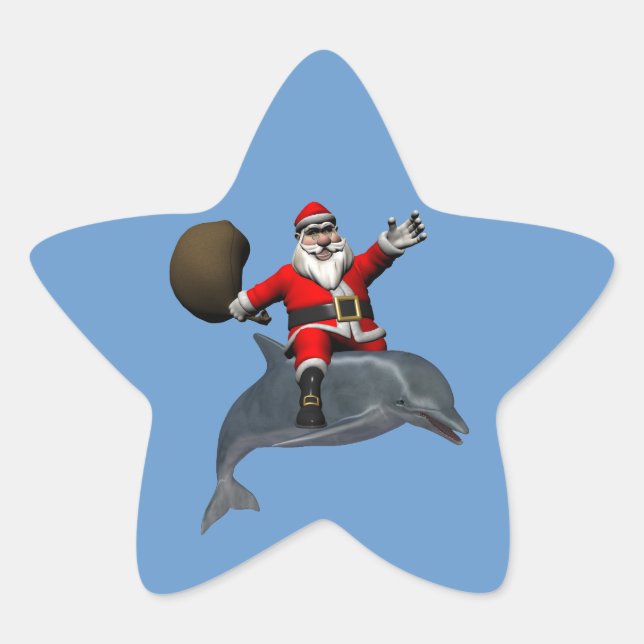 Pegatina En Forma De Estrella Santa Claus Montando En Delfín (Anverso)