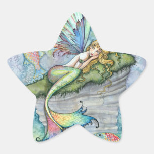 Pegatina En Forma De Estrella Sirena Colorida y Pez Carpa Arte de Fantasía