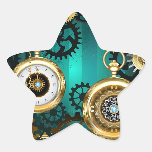 Pegatina En Forma De Estrella Steampunk Jewelry Watch sobre un fondo verde (Anverso)