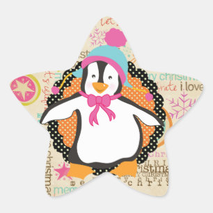 Pegatina En Forma De Estrella Tipografía y pingüinos Estrella Pegatina