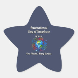Pegatina En Forma De Estrella Un Mundo Muchas Sonrisas. Día de la Felicidad.