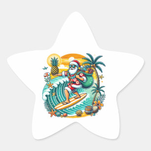 Pegatina En Forma De Estrella Un Papá Noel juguetón navegando en una ola hawaian