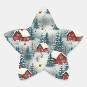 Pegatina En Forma De Estrella un pueblo boscoso cubierto de nieve