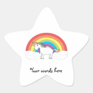 Pegatina En Forma De Estrella Unicornio blanco sobre arcoiris y nubes