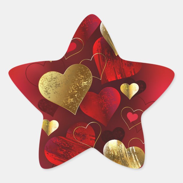 Pegatina En Forma De Estrella Valentinas doradas y rojas (Anverso)