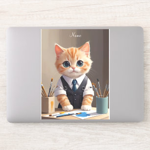 Pegatina Encantador artista de gatos de jengibre con pincel