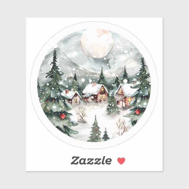 Pegatina Encantadora villa invernal con nieve y luces (Hoja)