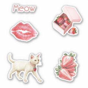 Pegatina Encanto de Fresa Labios de Gato Blanco