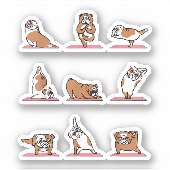Pegatina English Bulldog Yoga Puppy Yoga Poses and Meditati (Anverso)