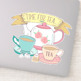 Pegatina Es hora de un té dulce y vintage tetera de tazas d