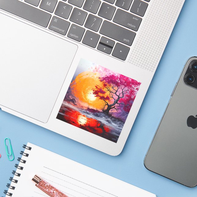 Pegatina Escena de árbol artístico (Ordenado portátil con iPhone)