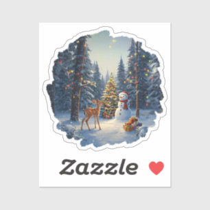 Pegatina Escena De Árbol De Navidad Cute Deer Fawn Snowman