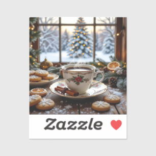 Pegatina Escena de la ventana de invierno de Café y Cookies